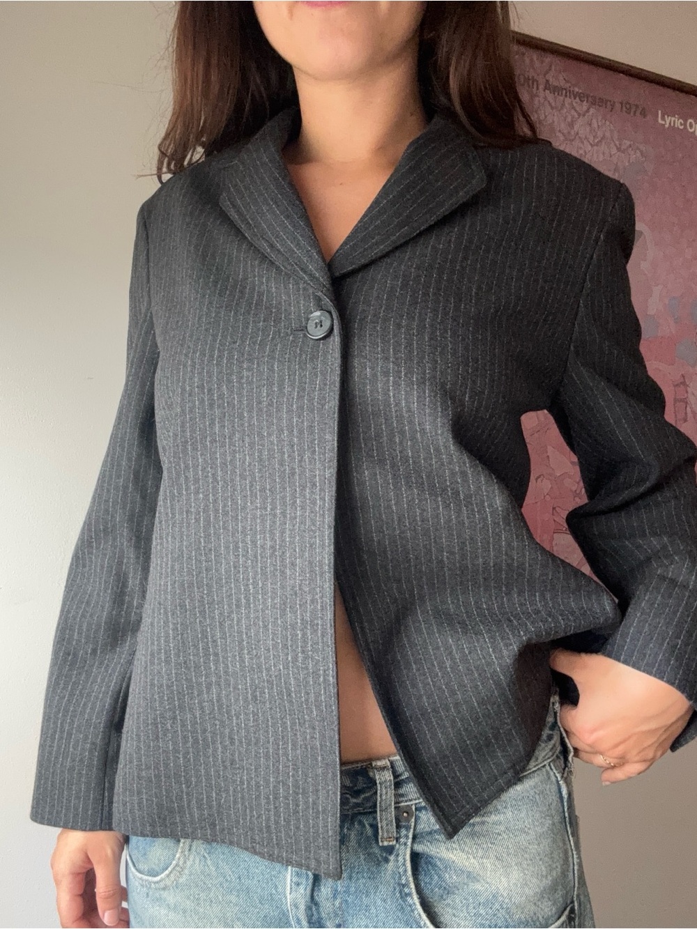 Vintage Jones New York 100% Wool Dark Gray Pinstripe Blazer